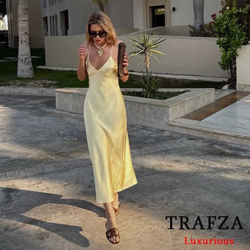 TRAFZA sexy yellow satin long summer party dress womens V-neck backless Cami straight dress fashion 2025 summer holiday dress W250430