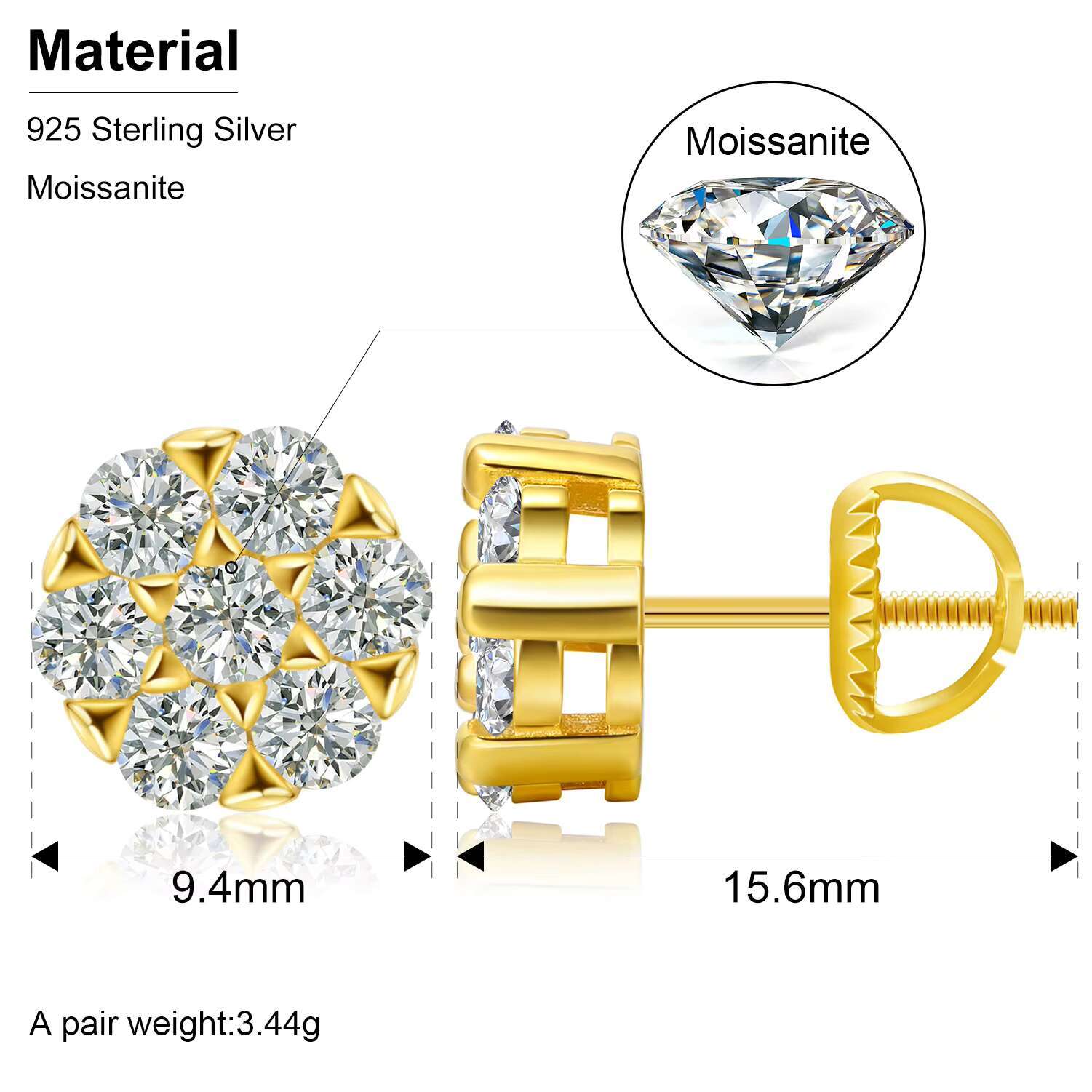 Drop Shipping Wholesale Fine Jewelry 925 Sterling Silver D Color VVS Moissanite Screw Back Honeycomb Stud Earrings