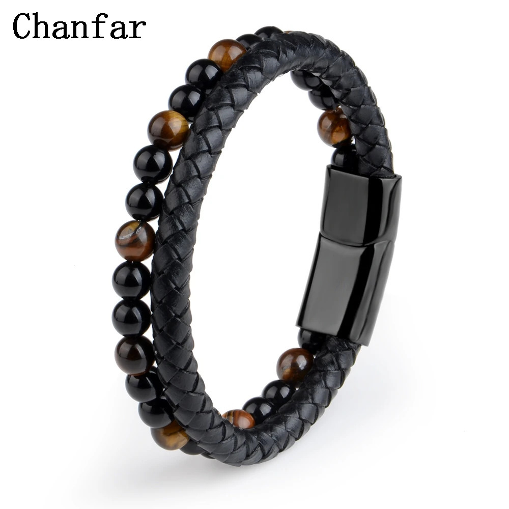 Natural stone bracelet genuine leather woven bracelet black stainless steel magnetic buckle tiger eye bracelet mens jewelry 250428