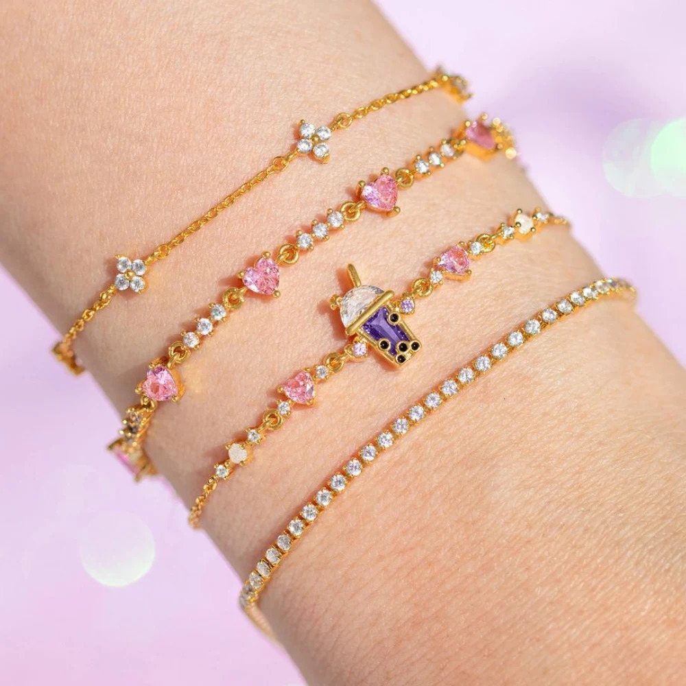 Fashion Y2K Exquisite Sweet Pink Zircon Bow Knot Love Chain Bracelet Womens Party Birthday Jewelry Gift 250428