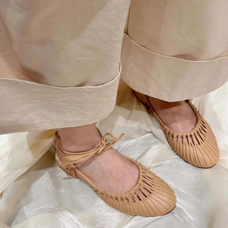 Fashion Round Toe Lace up High Heels Hollow Casual Roman Fisherman Shoes Ankle Strap Women Flats