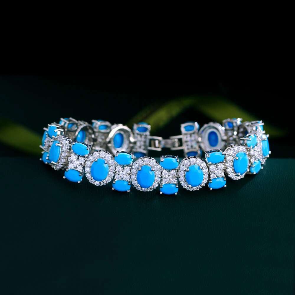 Threegraces 2024 New Blue Turquoise Geometric Link Chain Bracelet For Women Bohemian Wedding Bridal Party Jewelry Br404