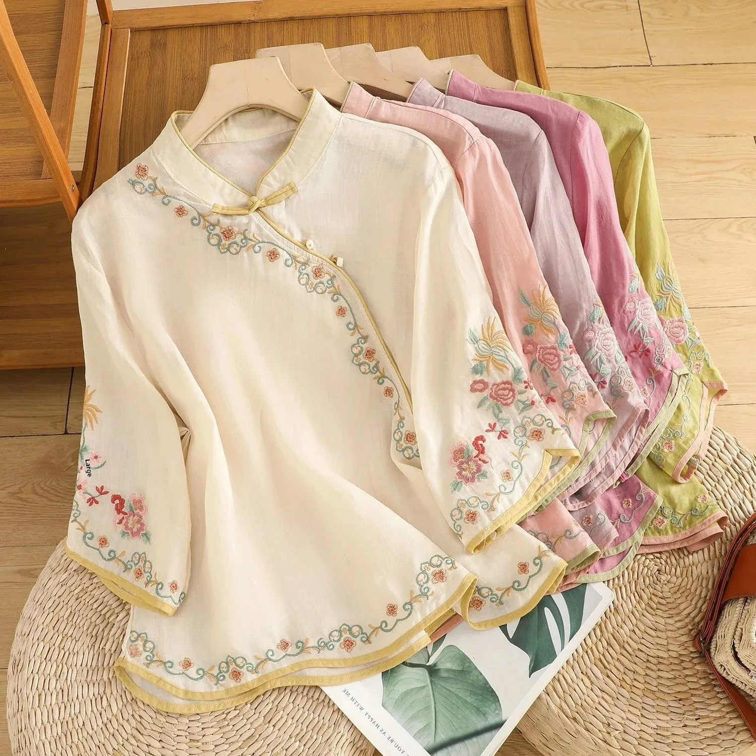 Summer art retro embroidery weight loss cotton linen womens top with buttons colorful block shaped sleeveless shirt suitable for prolonging life 25042