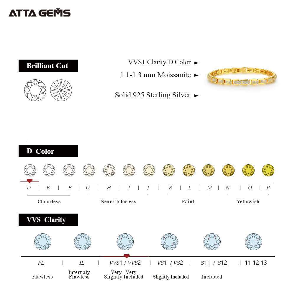 ATTA D Color VVS Moissanite 925 Sterling Silver 18K Gold Plated Bracelet Charm Moissanite Tennis Bracelet High Quality Gift