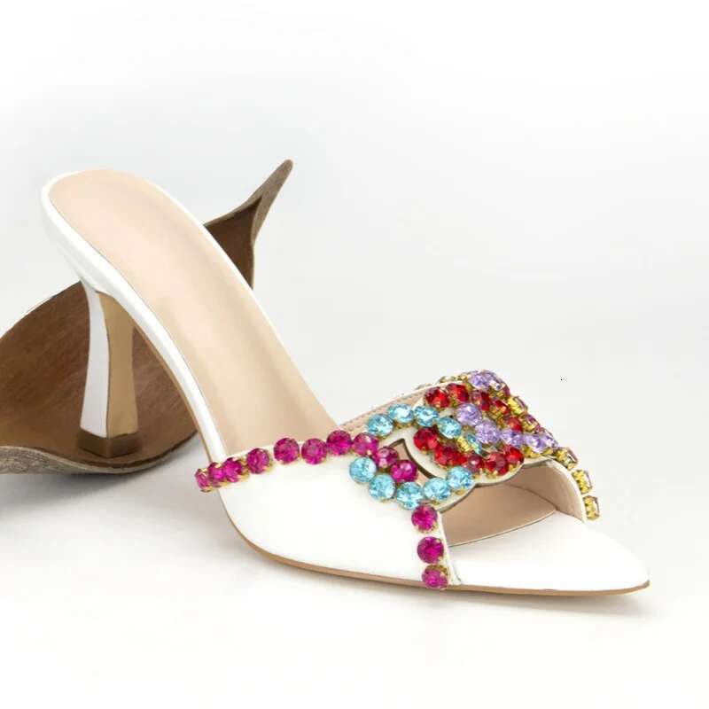 Fashion Designer Rhinestone High Heels Pointed Outdoor Slippers Slip Sandals Hollow Women Mules Party Shoes