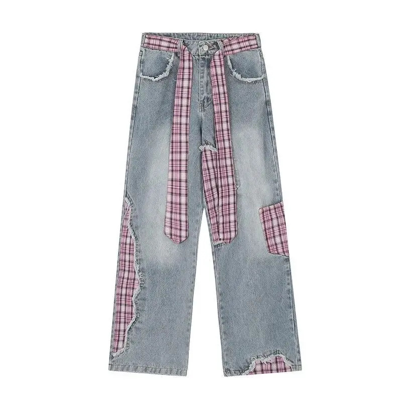 American retro pink plain patch bow jeans womens high waisted retro streetwear casual Y2K denim pants wide leg Trousers 250423