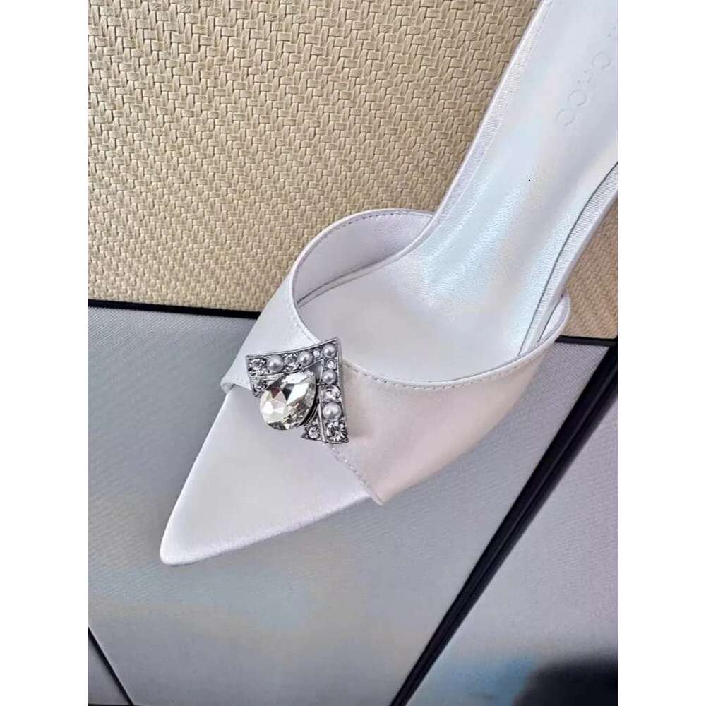 New Fashion Women's Shoes Pointed Rhinestone Ladies Slippers Satin Slip on High Heels Sexy Stiletto Single Strap Sandals