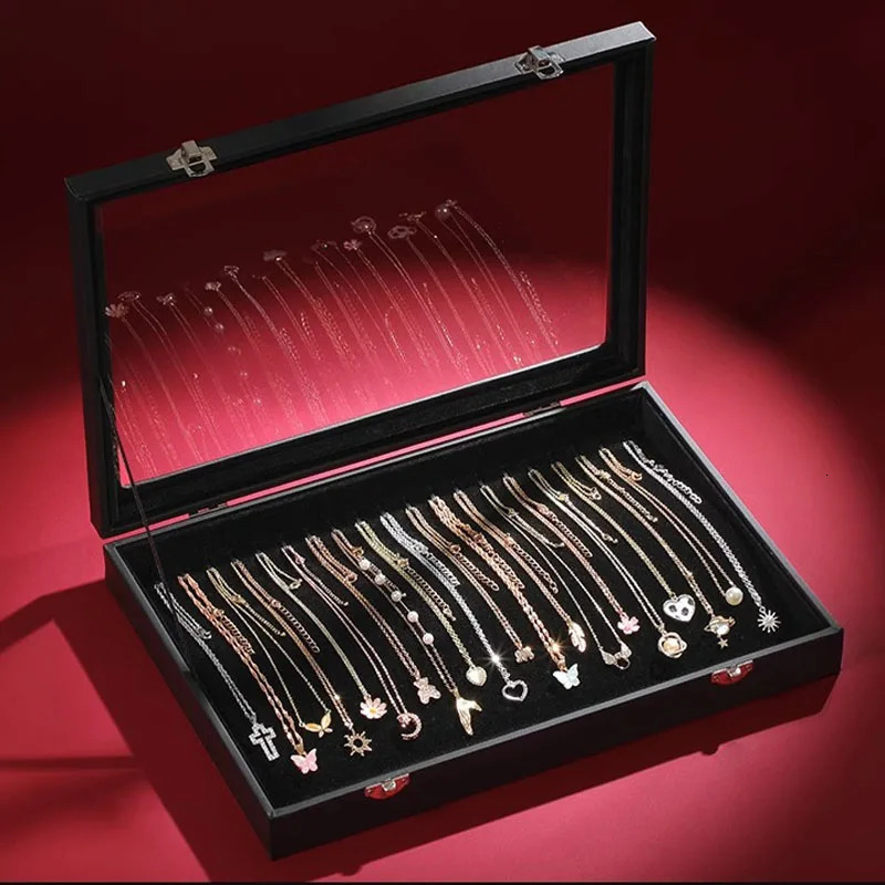 ious Goose Down Lined Tray Necklace Storage Box-Glass Top Drawer Necklace Display Box-Dustproof Necklace Jewelry Box 250428