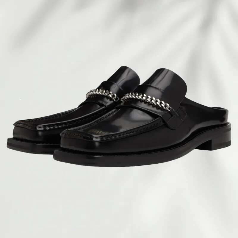 Square Toe Casual Flat Half Slippers Glossy Leather Metal Button Chain Men Man Shoes Slip-on Summer Comfortable Loafers