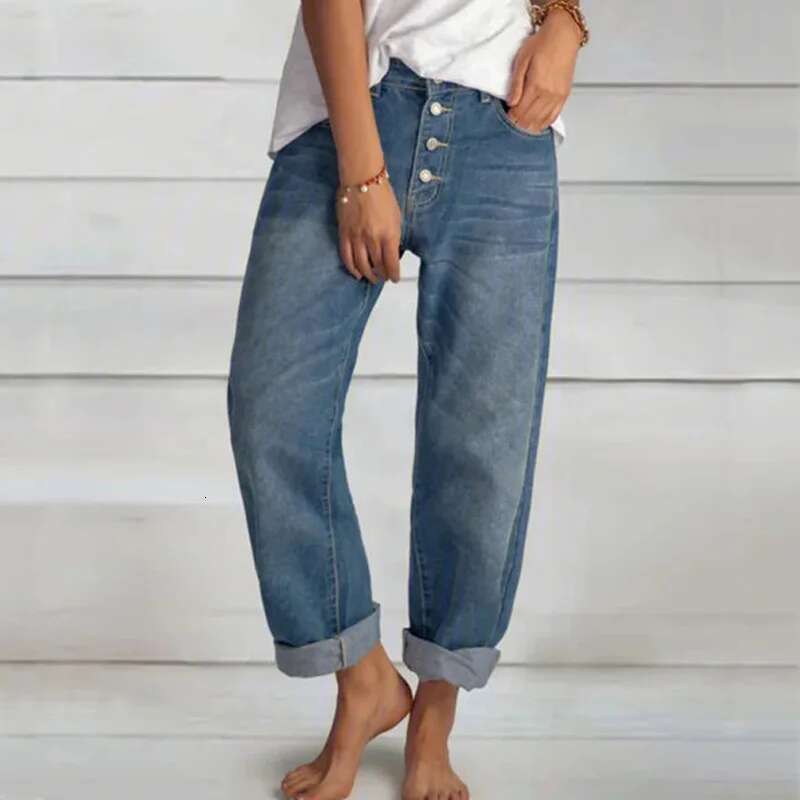 Jeans Straight Pants Women Denim Spliced Button Loose Pockets High Waist Wash Ankle Length fashion Vintage Distressed Basics
