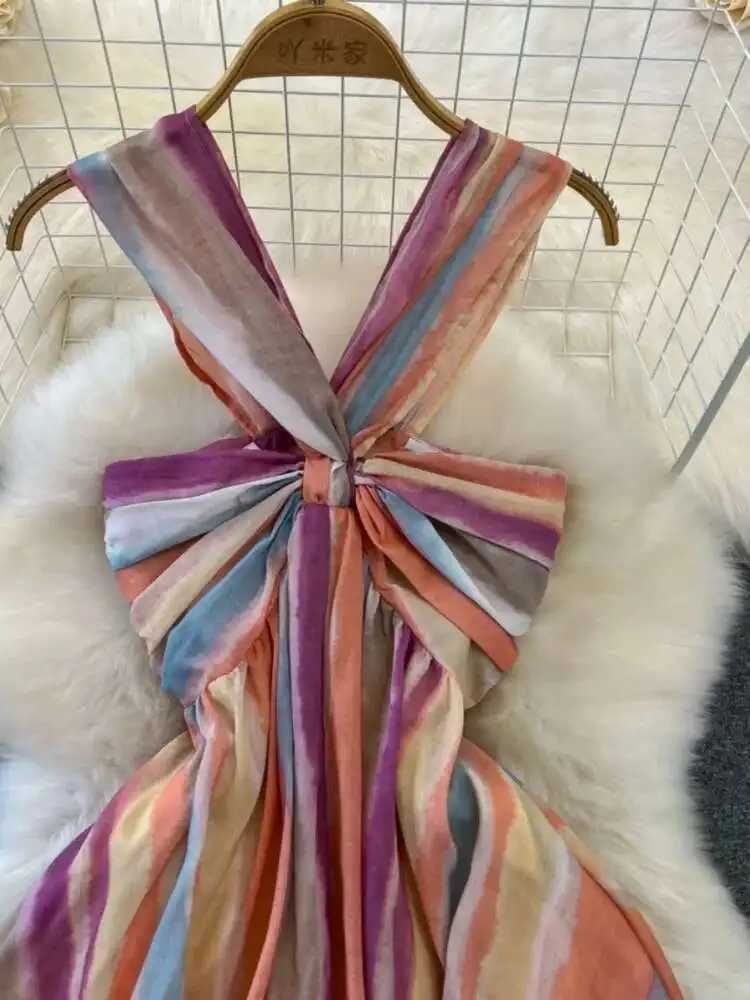 XPPV 2025 Summer New Fashion Strap Tie Dyeing Sleeveless High Waist A-line Swinging Loose Long Dress for Women SM1153 W250430
