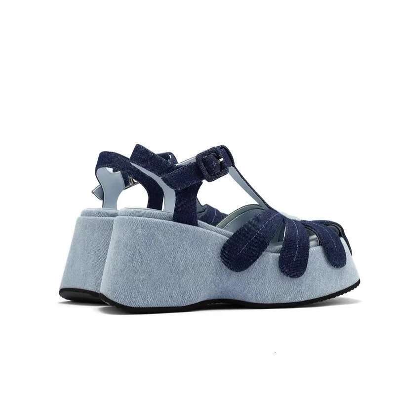 Hollow Flower Denim Mixed Colors Black Simple Commuter Sandals Roman Women Thick Platform Shoes