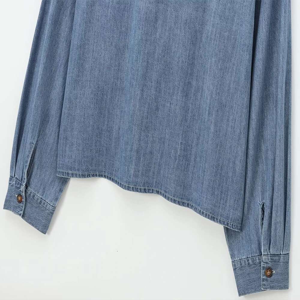 INS Fashion Blue Color Stand Collar Bow Design Single Breasted Long Sleeves Women Sweet Solid Loose Denim Shirt ZATT New