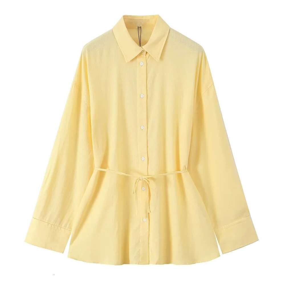 Pb&Za 2025 Light Yellow Women Shirt Long Sleeve Button Front Design With Waist Tie Elegant And Versatile Style