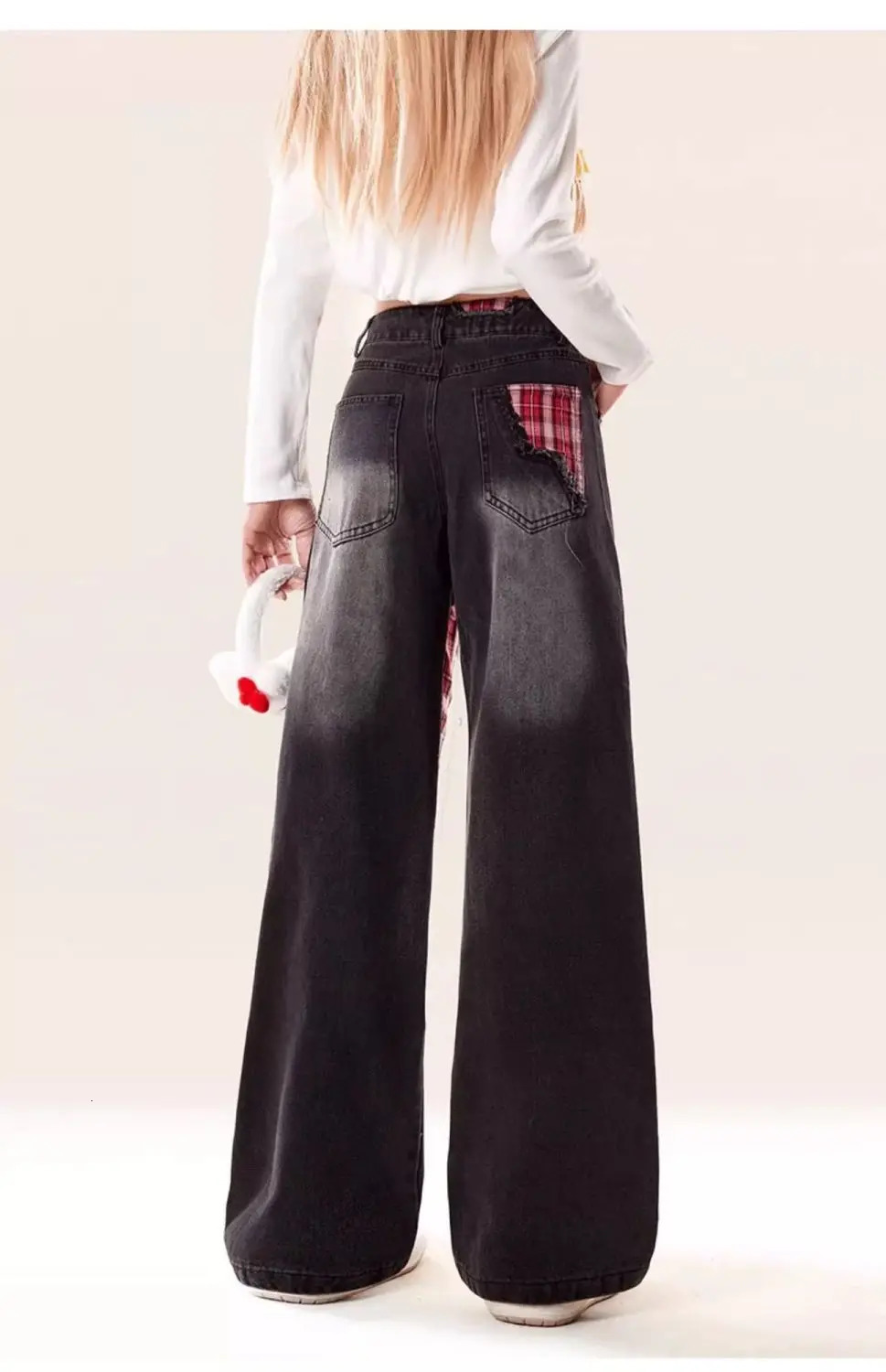 American retro pink plain patch bow jeans womens high waisted retro streetwear casual Y2K denim pants wide leg Trousers 250423