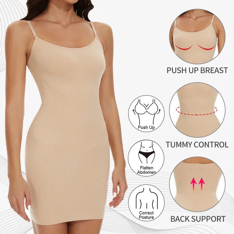 Women Shapewear Full Slip Tummy Control Crew Neck Cami Mini Under Dress Smooth Body Shaper Spaghetti Straps Lingerie 250424