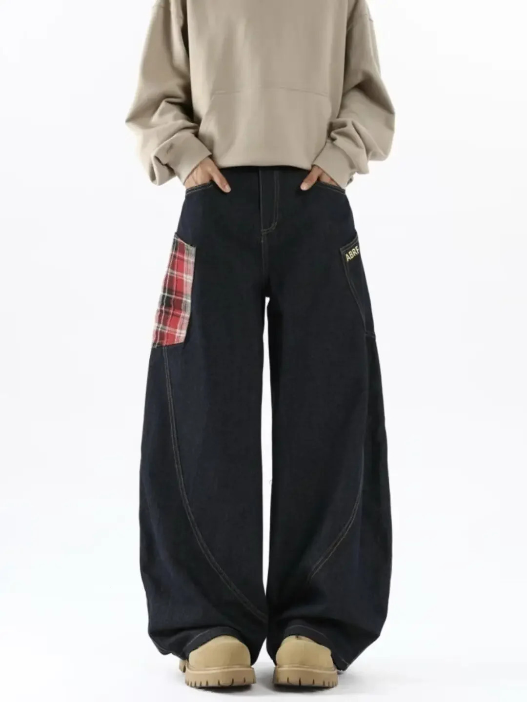 American style patchwork plain wash pants for women retro wide leg high waist pocket jeans for women hip-hop jeans for women 250423