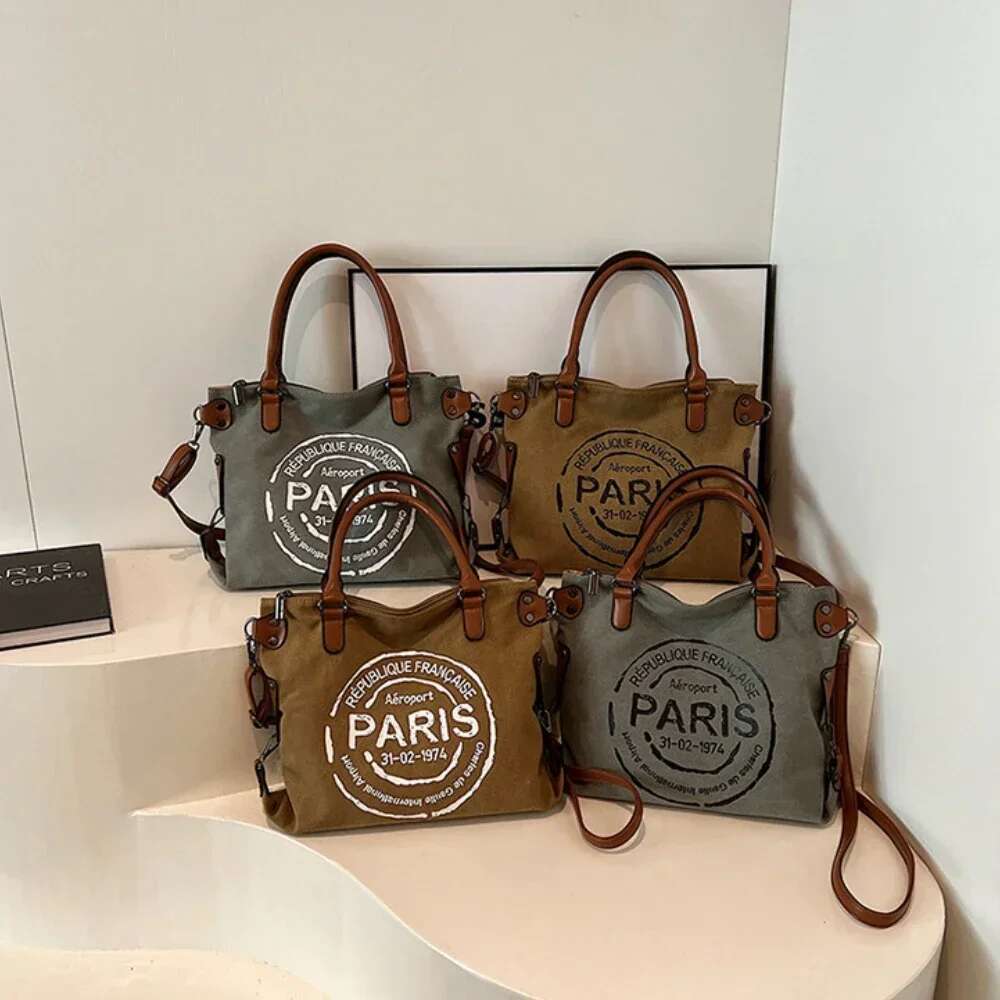 Large Retro Canvas Tote Adjustable Shoulder Strap Vintage Paris Stamp Print Stylish Crossbody Bag For Women Bag