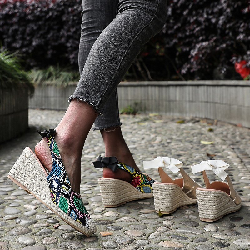Wedges 8cm Sandals for Women Closed Toe Bandage Espadrille Stylish Shoes Snake Patterned Sloping Heel Women's Shoes Summer Fashion Casual High He