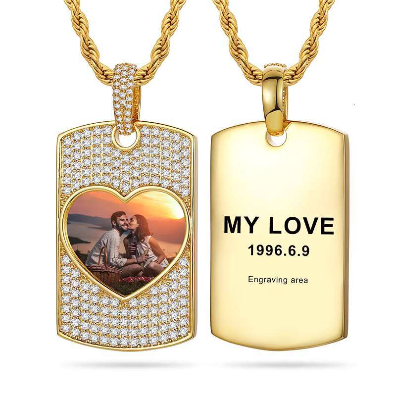 Bling Laser Engrave Name Brass 5A Zircon Iced Out Heart Shape Photo Pendant Memory Frame Picture Necklace