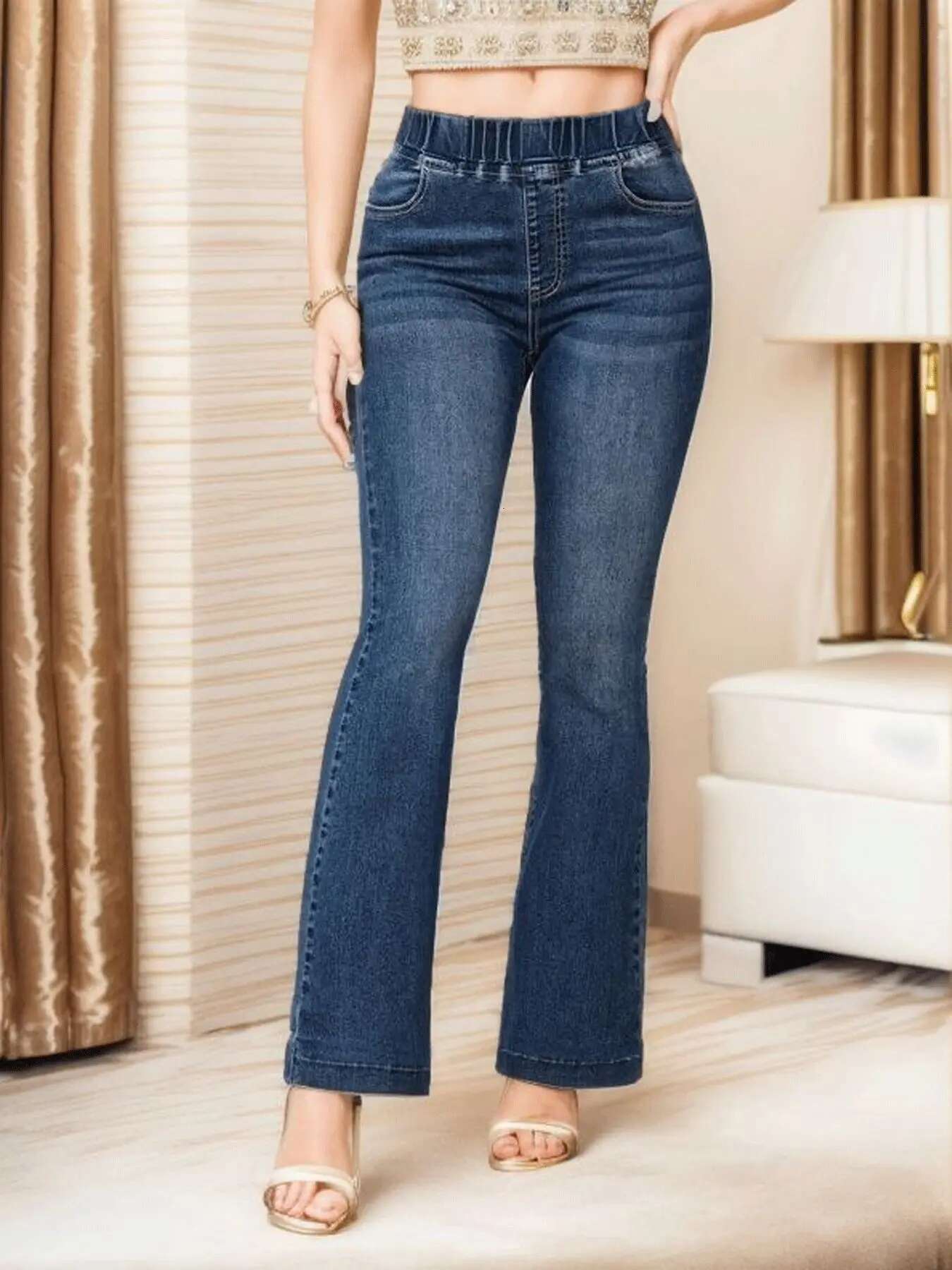 Spring fashion New Fashion High Stretch Elastic Waist Boot Cut Jeans Slim Fit Hip Lift Denim Flared Pants Casual Skinny Trousers