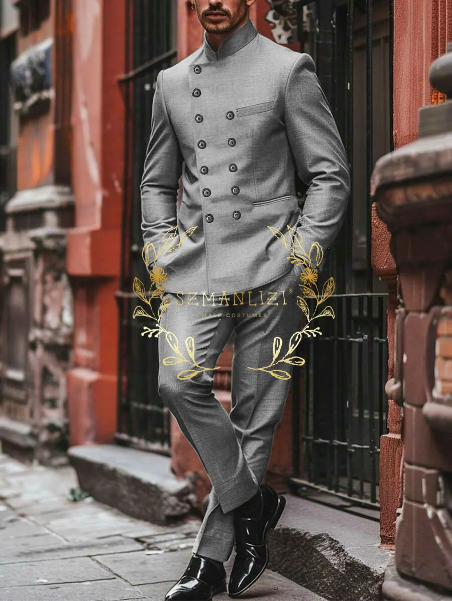 Light Grey Mens Ball Set Double Chest Stand up Collar Slimming Wedding Dress Fashionable 2piece Jacket Pants 250428