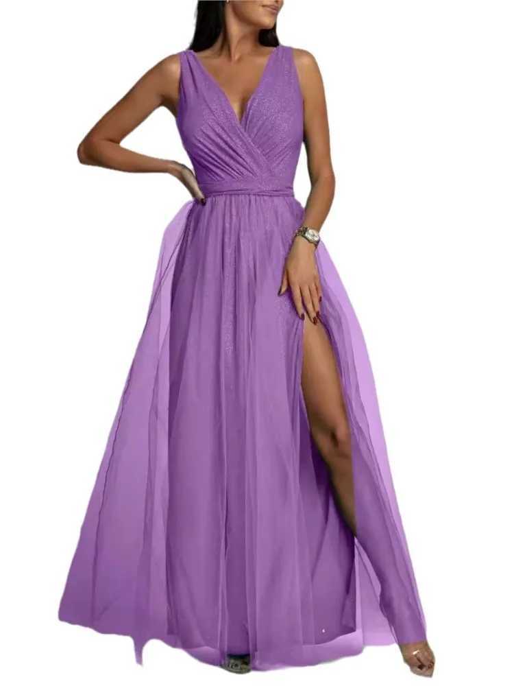 Elegant solid color sparkling party dress womens warm V-neck lace mesh seam long dress evening dress womens vest W250430