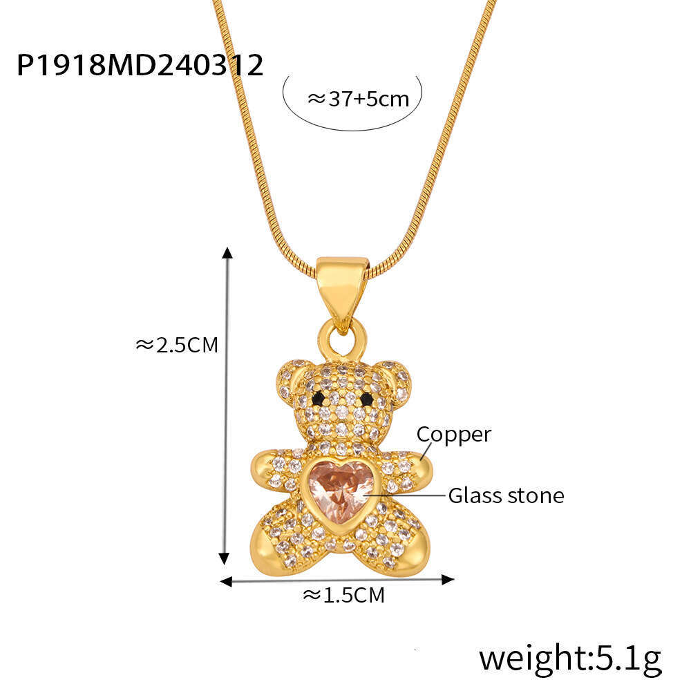 Version Of Korean Style New Fashionable, Light , Simple And Personalized Copper Material With Inlaid Teddy Bear Glass Dia Pendant Necklace Jewelry