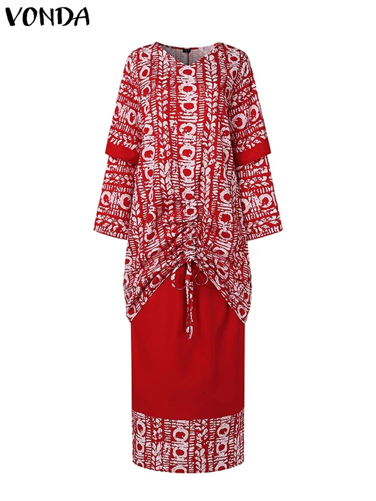 Size 5XL VONDA Printed Womens Set Bohemian Elegant Long Sleeve TopHalf Leather Two Piece Casual Loose Set 250427