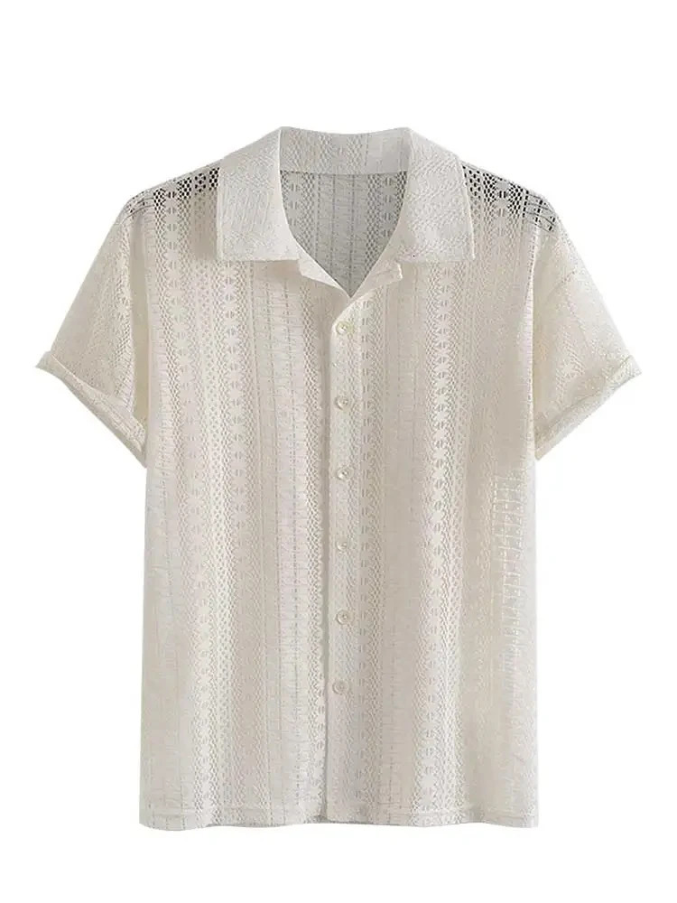 cotton open mens shirt sexy lace short sleeved shirt transparent shirt summer solid streetwear top beach shirt 250427