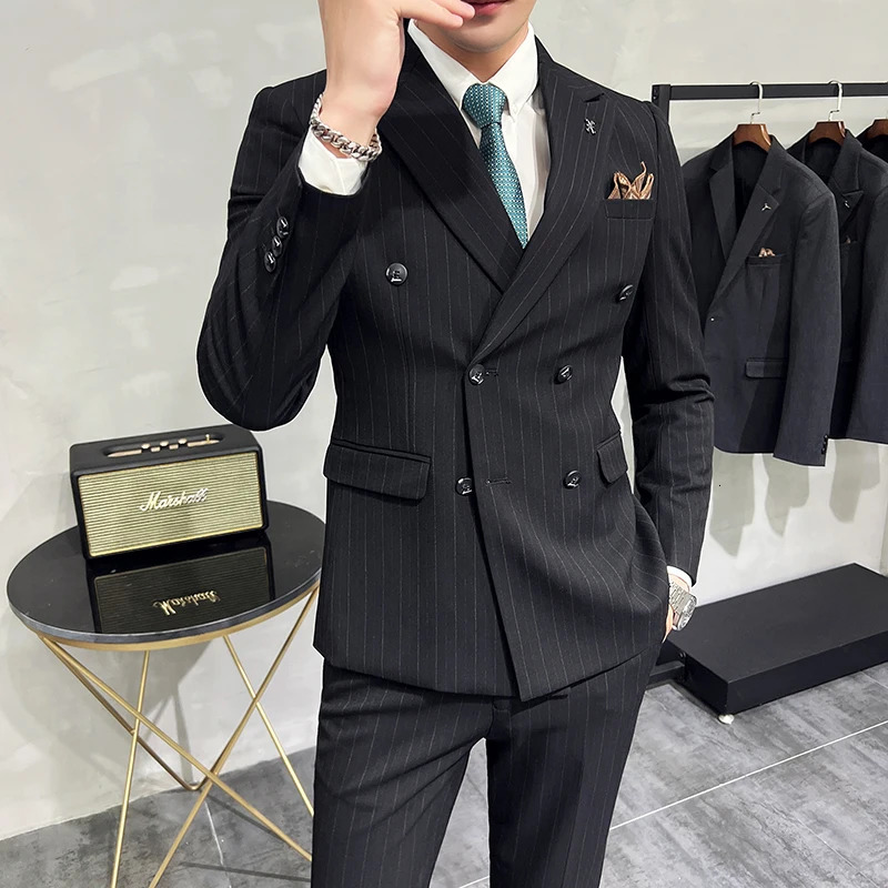 High quality Korean version slim fit business set setvestmens clothing striped double chest three piece 250428