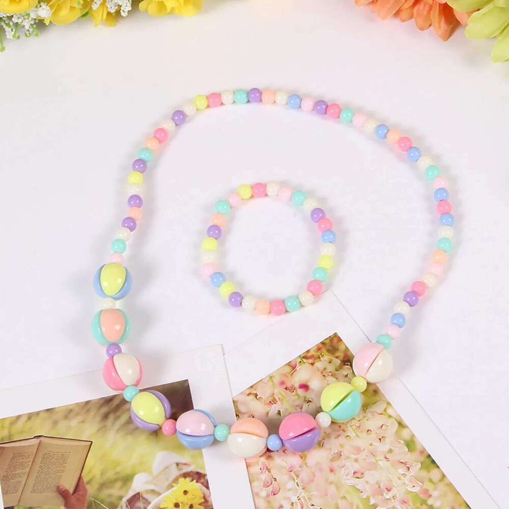 Candy Color Beads Jewelry Flower Bow Strawberry Necklace Bracelet 2Pc/Set Children Party Girl Birthday Gift
