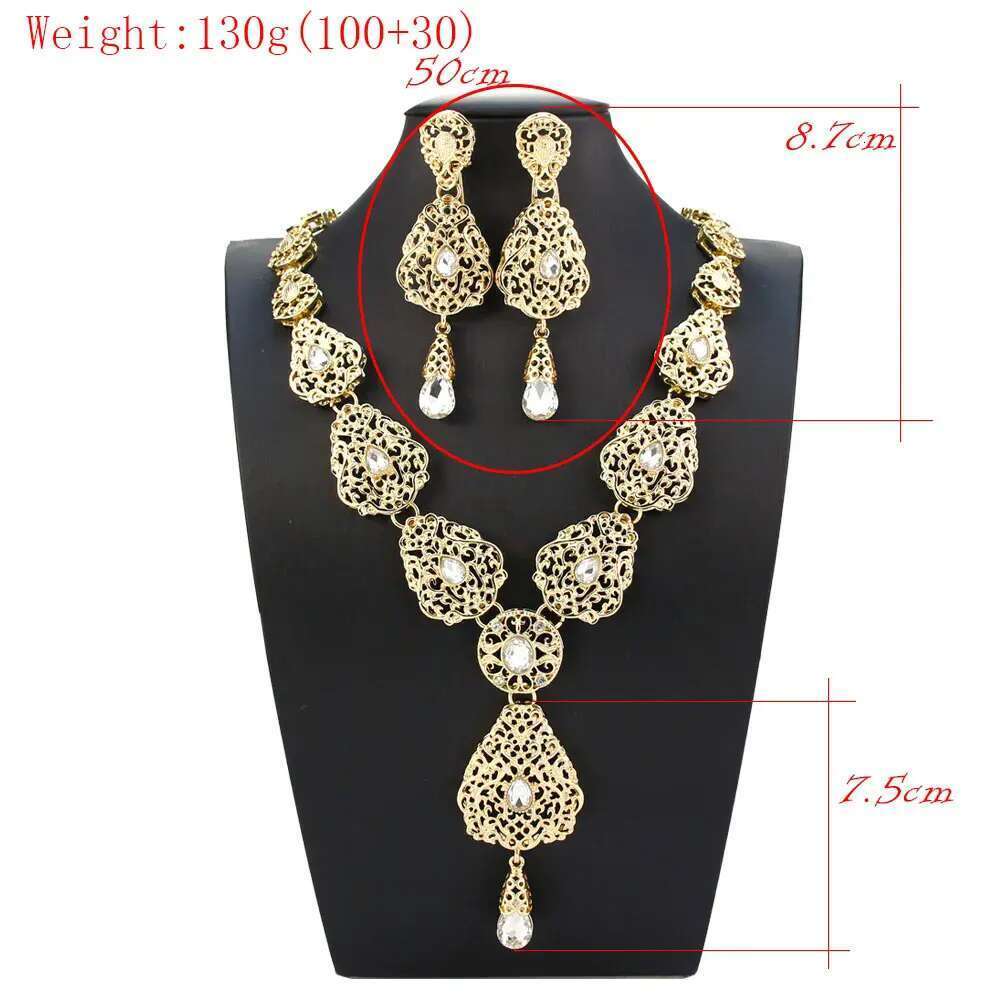 Sunspicems Chic Arabic Bridal Earring Necklace Morocco Wedding Jewelry Sets For Women Gold Color Hollow Water Droplets Pendant