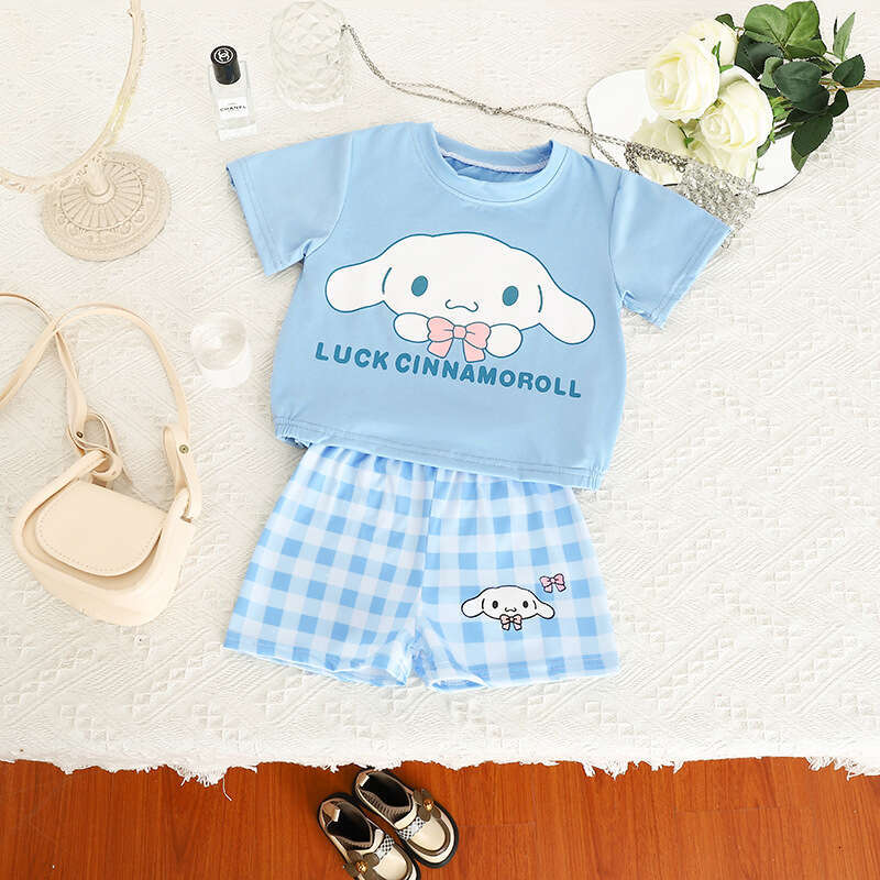 Summer Outfit New 2025 Girls' Casual Cartoon Baby Cute Loose Shirt Plaid Shorts Set