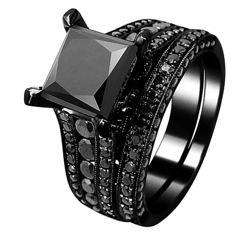 His Her Couple Rings Black 316L Stainless Steel Princess Cut Cubic Zirconia Engagement Wedding Jewelry Set
