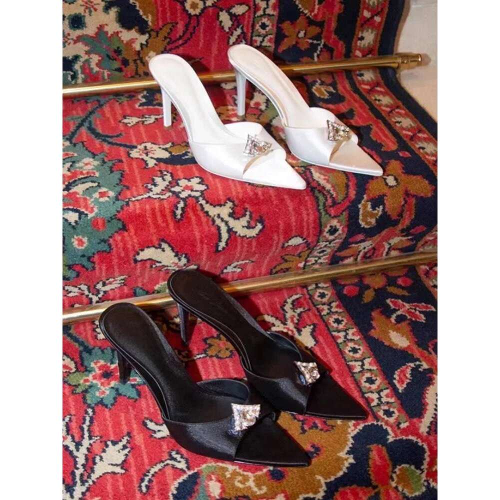 New Fashion Women's Shoes Pointed Rhinestone Ladies Slippers Satin Slip on High Heels Sexy Stiletto Single Strap Sandals