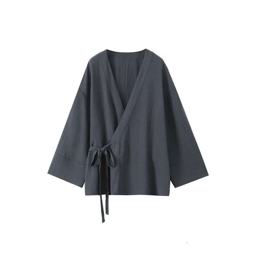 TRZA Women's Fashion Side-Tied Wrap Kimono Blouse Mid-Elastic Waist Flowing Trousers Set Elegant Casual Outfit