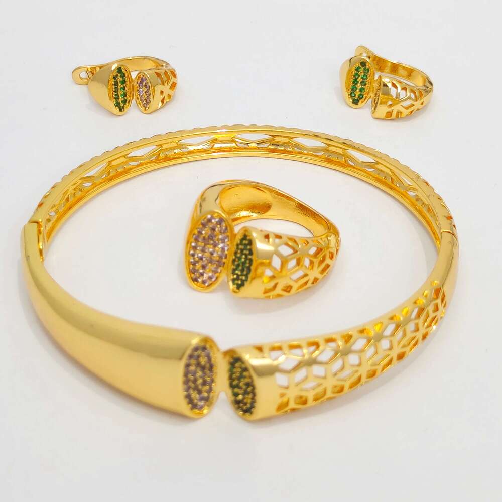 Dubai Gold Plated Open Bangles Earring Ring 3Pcs Set For Women African Arabic Wedding Jewelry Indian Gift