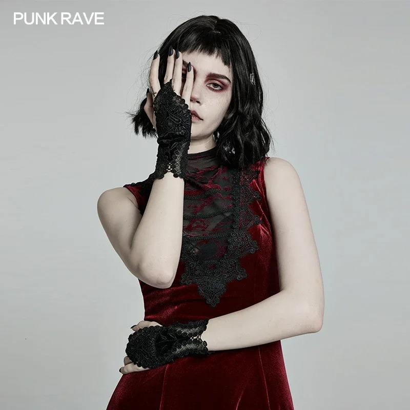 PUNK RAVE Womens Gothic Gorgeous Lace Flower Type Gloves Love Decal Party Club Elegant Women Black Accessories 250420
