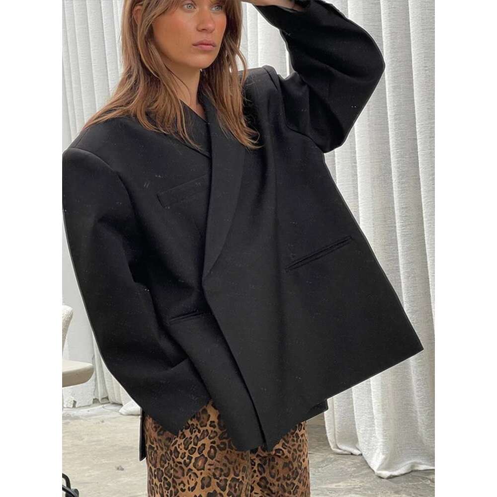 Oversized Solid Women Coat Long Sleeve Double Button Female Jacket 2025 Fashion Spring Notched Side Slit Shoulder Pads Lady Tops