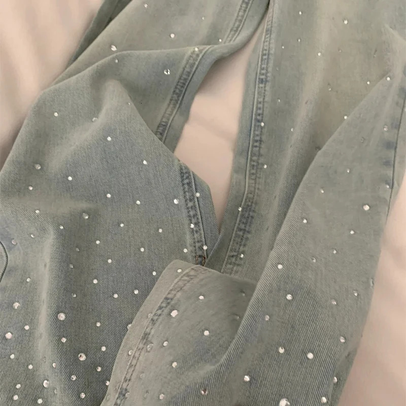 Womens rhinestone wide leg jeans Korean fashion light blue straight denim pants simple daily outfit with loose 250428