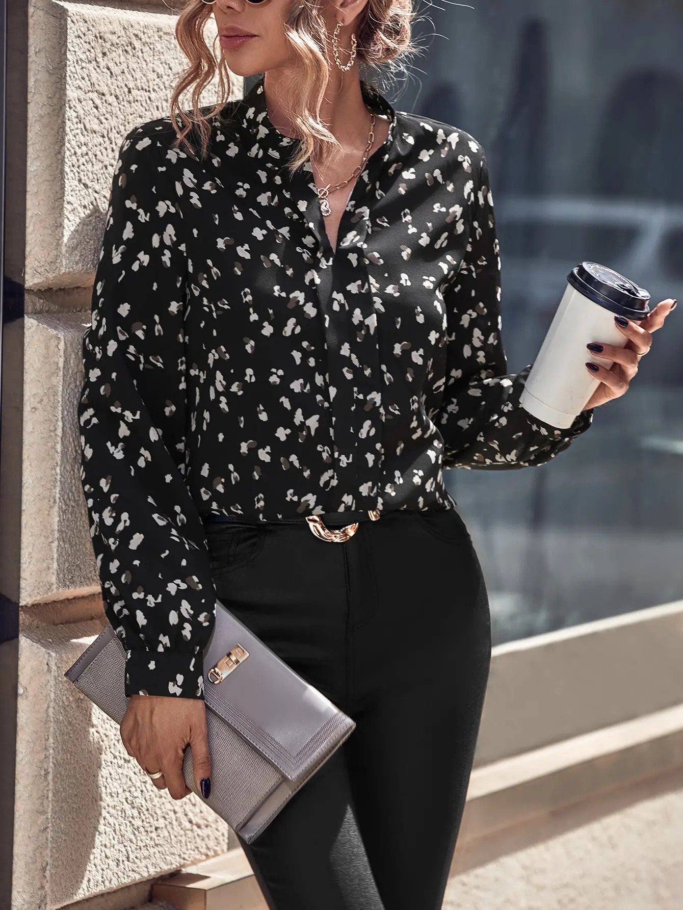Casual and elegant loose Vneck leopard print fabric with open cuffs forked multi colored autumn winter womens shirt 250422