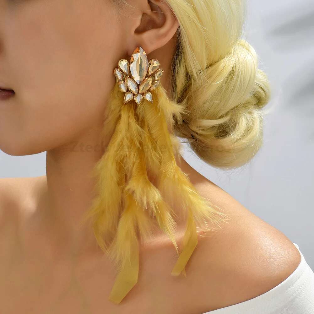 Multicolor Long Feather Dangle Earrings For Women Shiny Colorful Crystal Glass Fashion Pendant Wedding Prom Jewelry Accessories