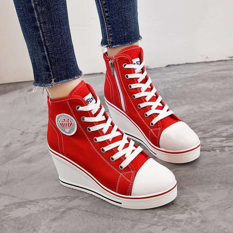 Spring and autumn heightened thick sole high-top solid color canvas casual large-size waterproof platform flat women shoes