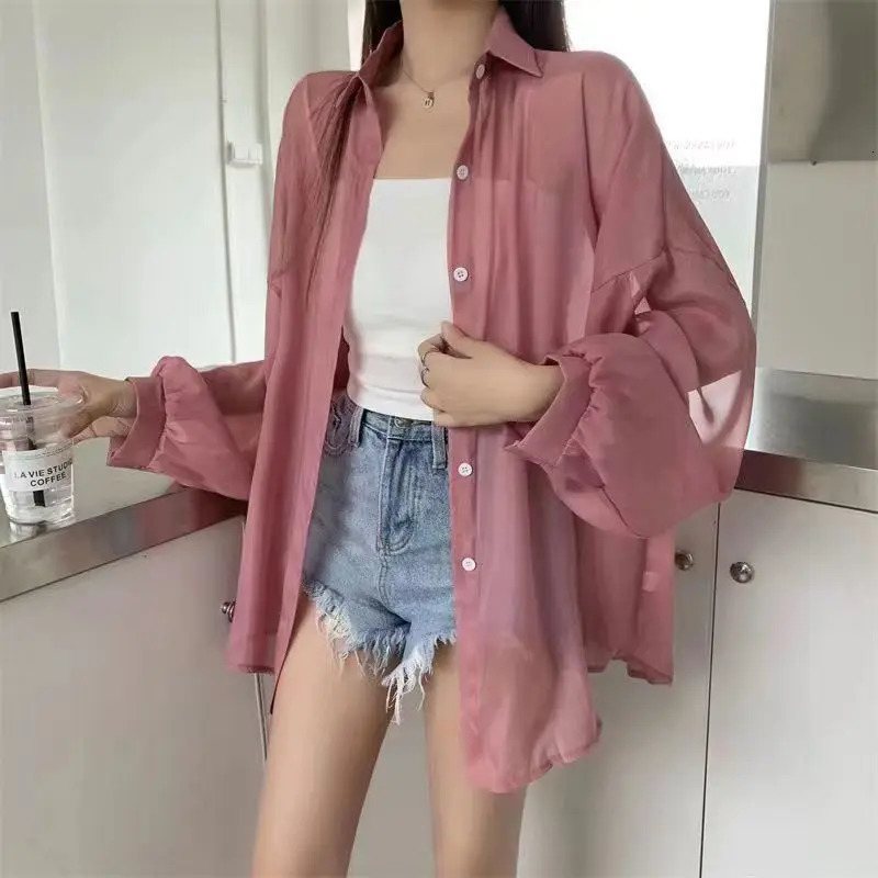 Korean style long sleeved thin sun protection womens summer chiffon shirt jacket air conditioning white top 250422