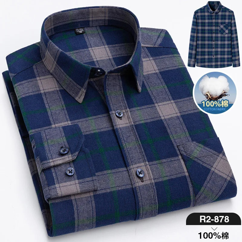 6XL mens long sleeved 100 pure cotton plaid autumn and winter wool largesized highquality slim casual clothing fashionable 250427