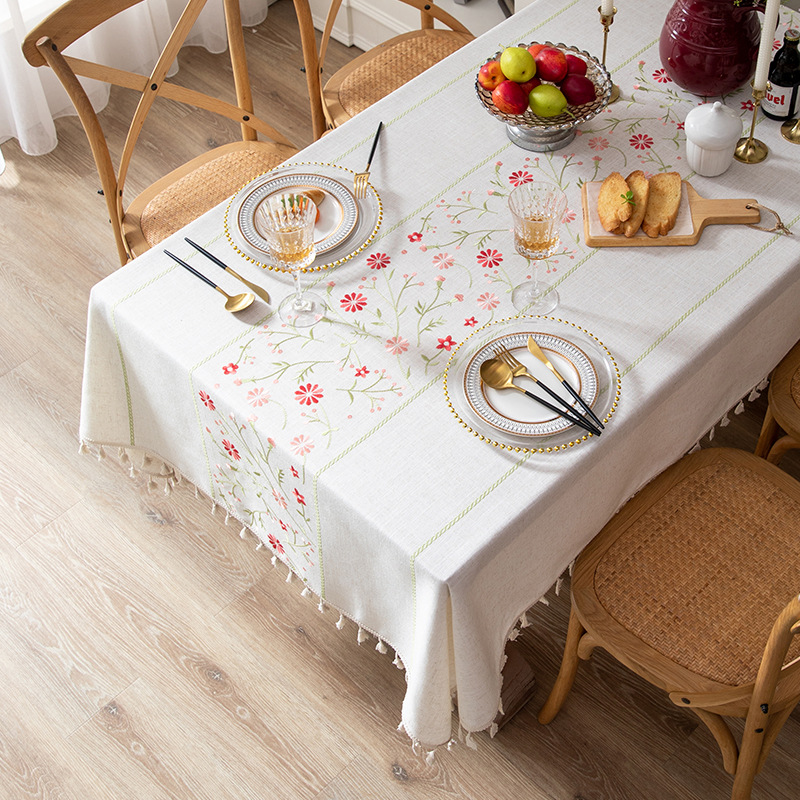 W15 Nordic ins style embroidered tablecloth cotton and linen fabric tablecloth literary small fresh tassel coffee table cloth tablecloth