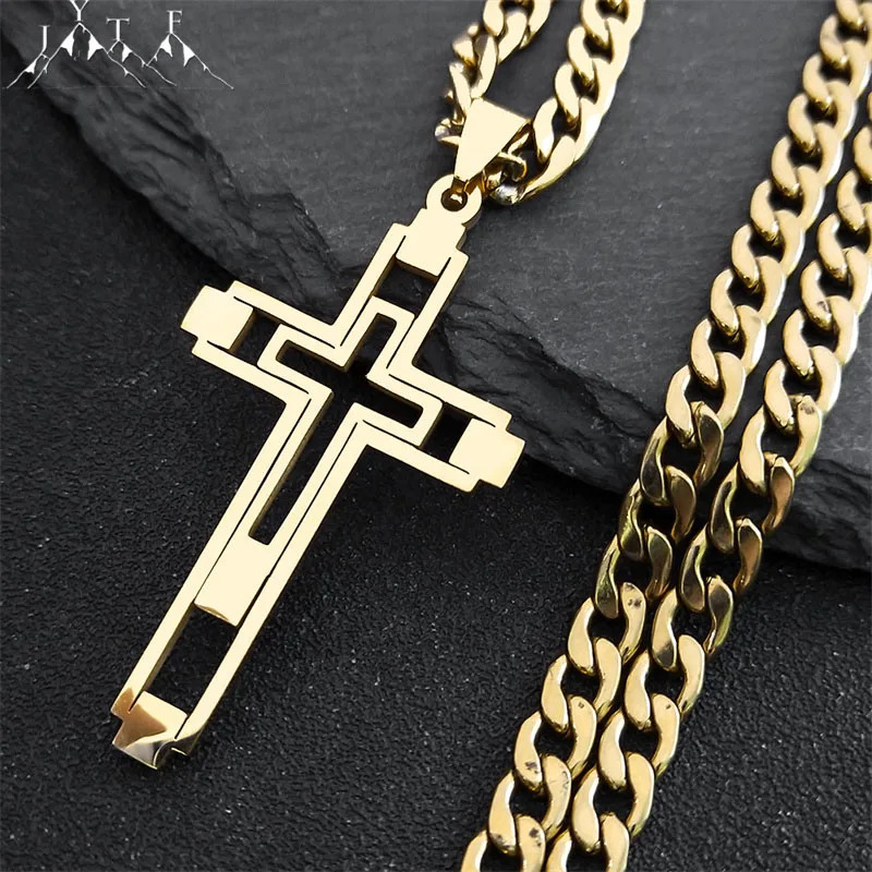 Hip Hop Cross Stainless Steel Chain Necklaces Gold Color Long Pendant Necklace for Women/Men Jewelry collier homme N6055S05 250428