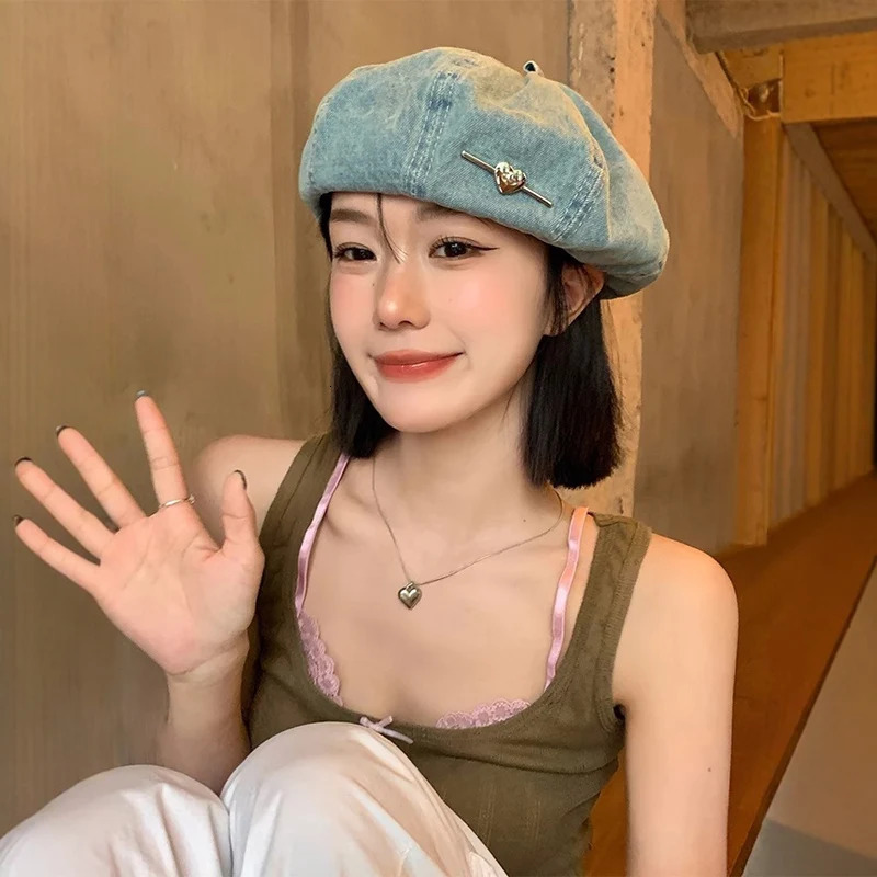 high-quality love denim washed beret childrens edition spring/summer small face show retro painter hat Y2K 250430