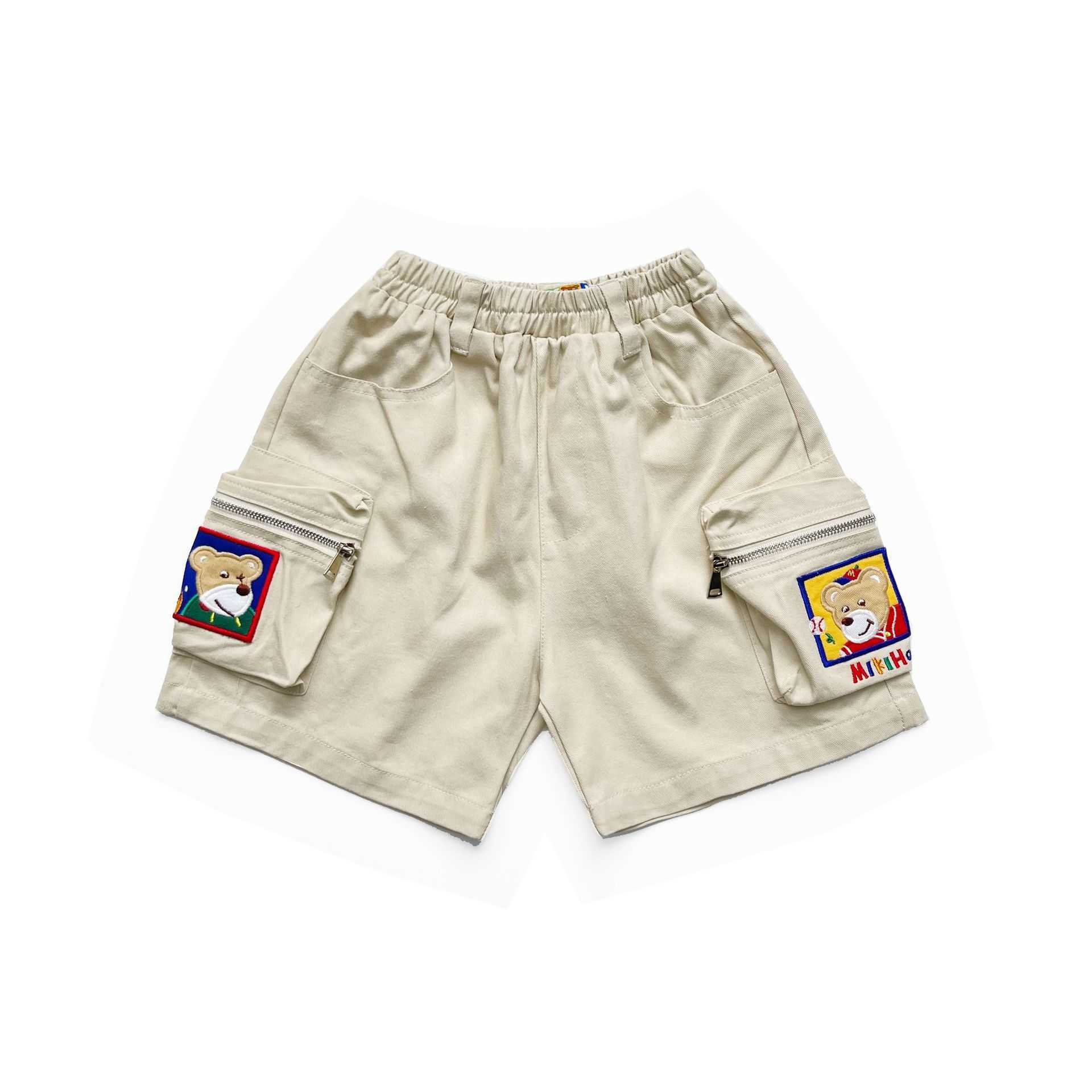 Miki Childrens Clothing for Boys and Girls Summer Casual Cartoon Embroidery Teddy Bear Workwear Three-dimensional Bag All Cotton Washed Shorts Y250430